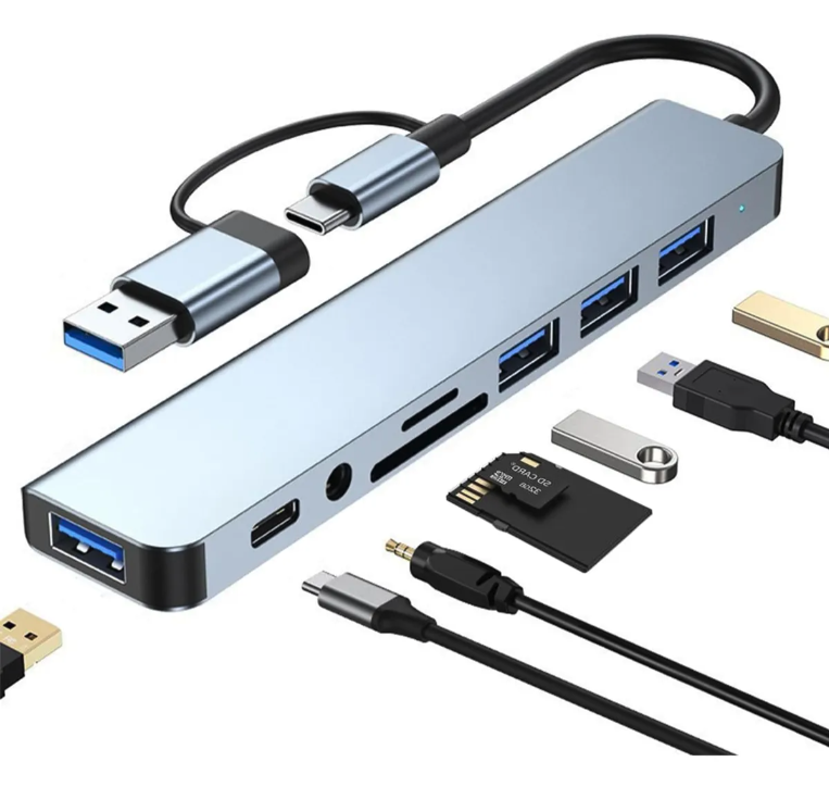 CABLE ADAPTADOR 8 EN 1 USB 3.0 Y USB-C A USB 3.0/USB 2.0/HUB/USB C/TF-SD/3.5MM