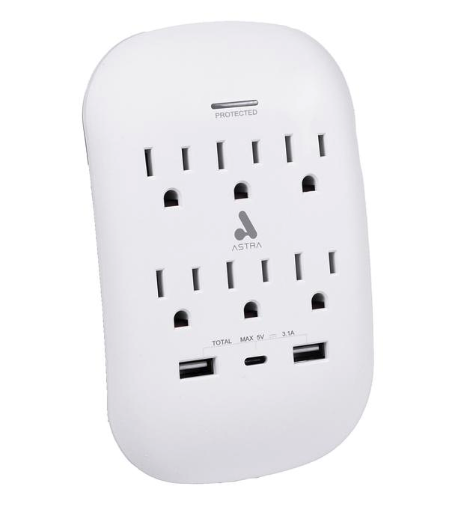 TOMA CORRIENTE PROTECTOR DE SOBRETENSIONES ASTRA 6 SALIDAS 5-15R 125V/1875W 2USB 3.1A 1USB C 5V
