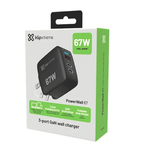 [KMC-500] CARGADOR DE PARED DE CARGA RAPIDA 67W KLIPXTREME TIPO C / PD3.0 + USB-A QC3.0 GAN (KMC-500)